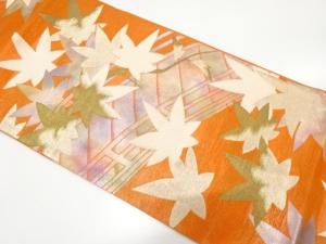 紗　紅葉に橋模様織り出し　袋帯